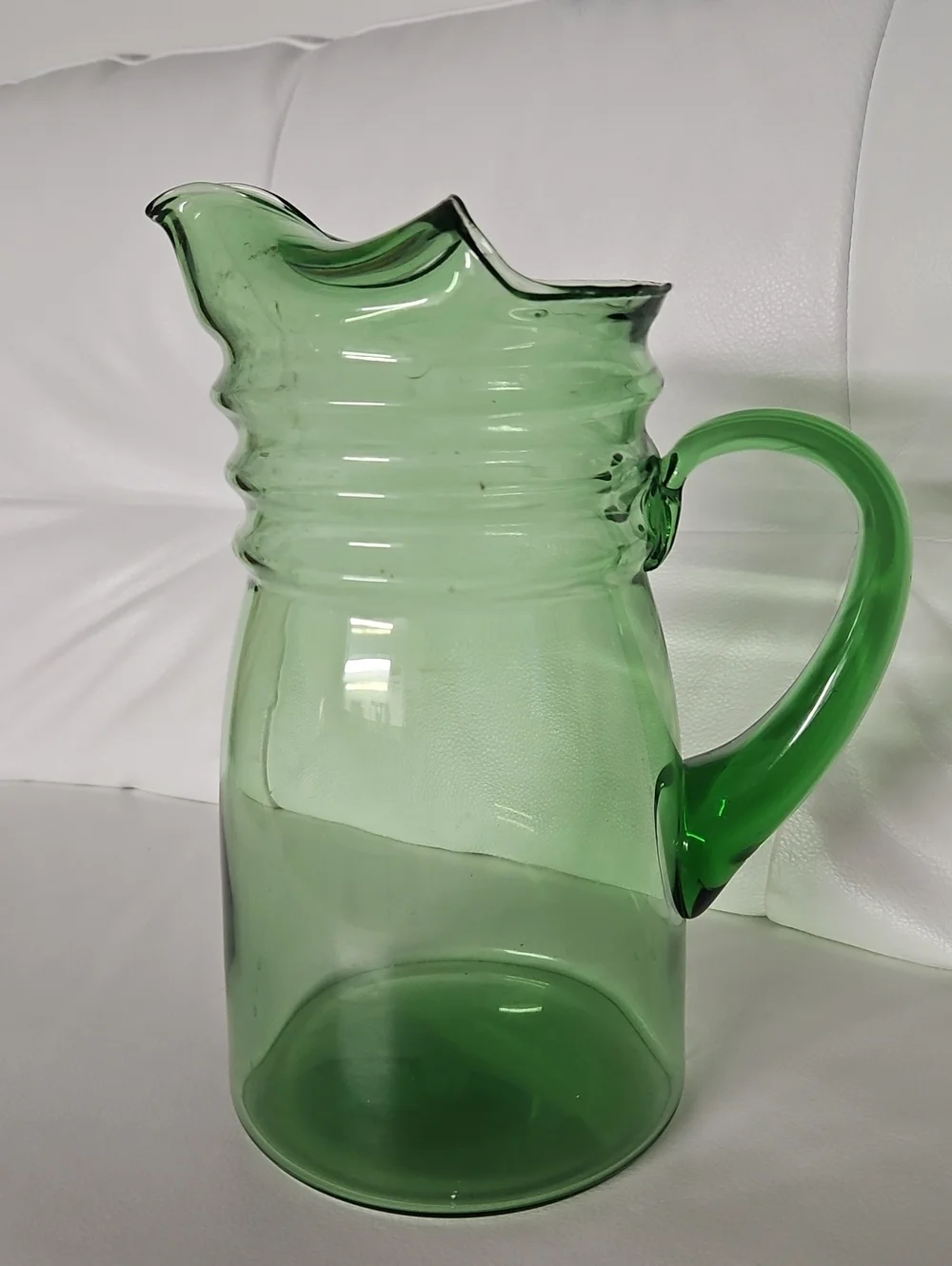 Green Glass Pitcher with Curved Handle
